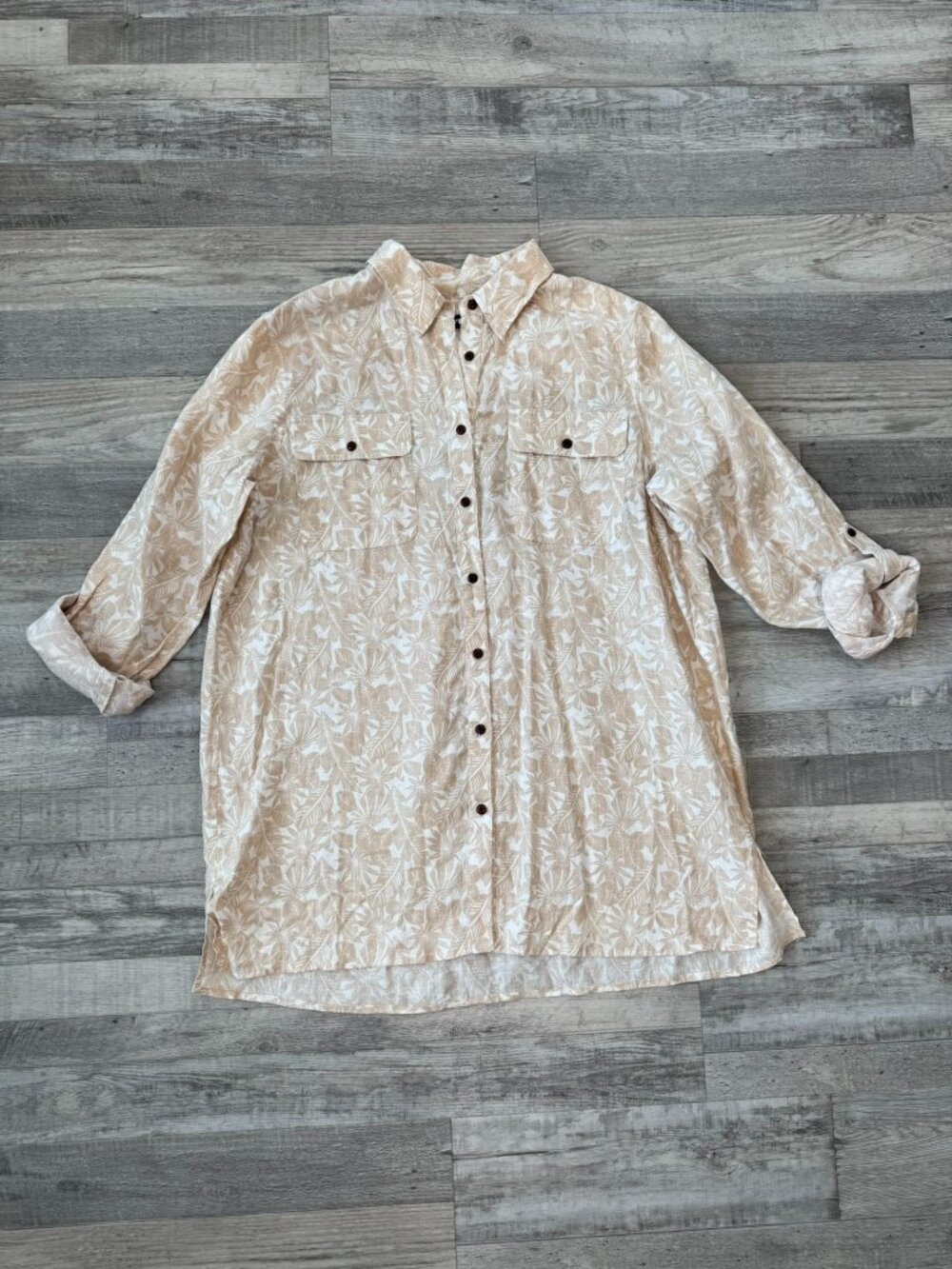 Lands' End linen beige tropical print button down tunic fits XL D25
